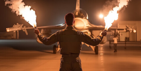 A man in military uniform holds flares on a runway in front of a military aircraft, indicating maneuvers