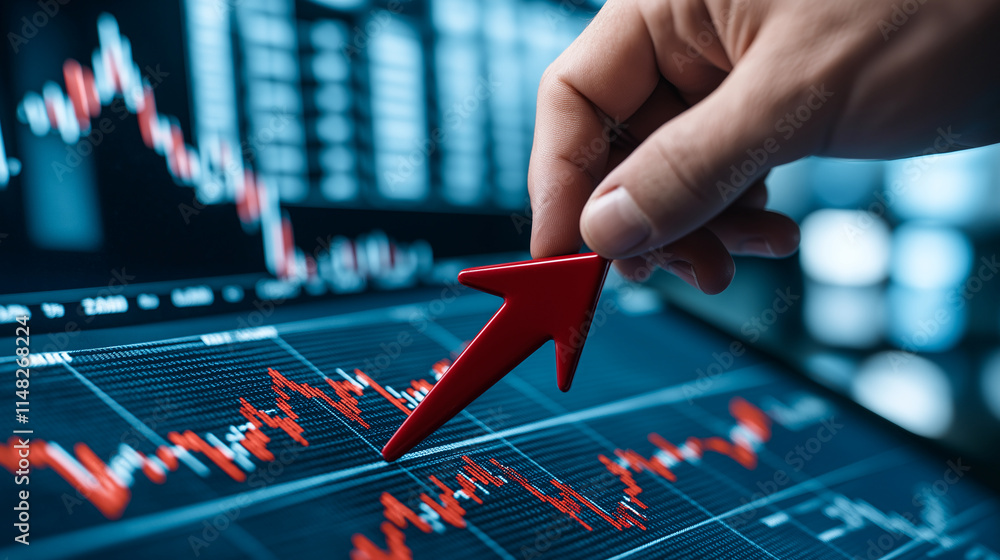 Poster hand points to rising red arrow on financial graph, symbolizing growth and success in investments. b