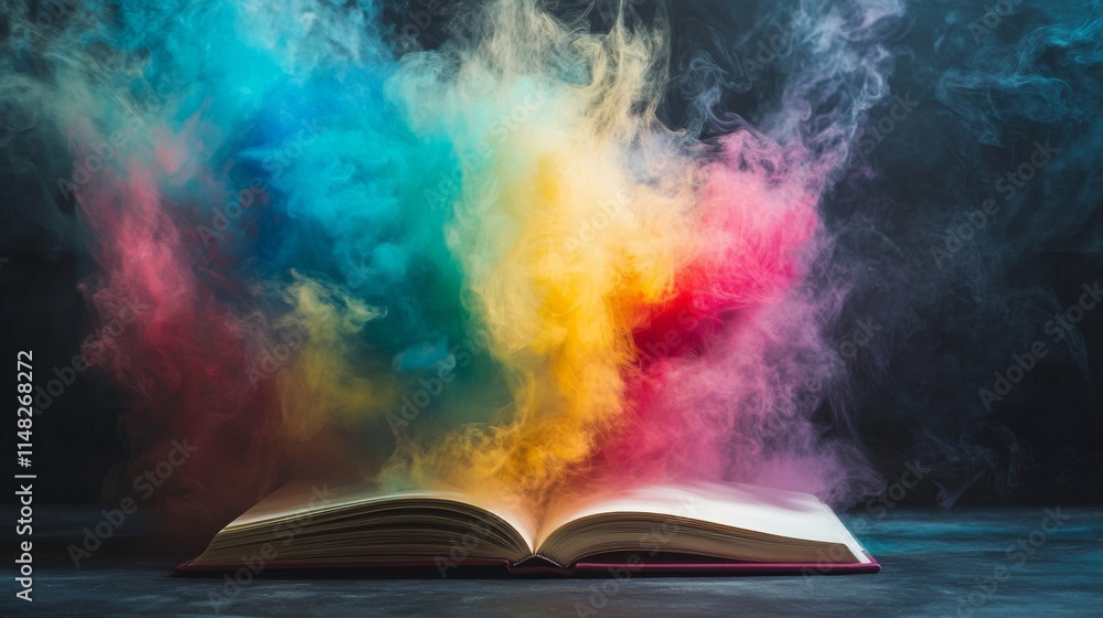 Poster a book is opened to a page with a colorful explosion of smoke. the smoke is made up of different col