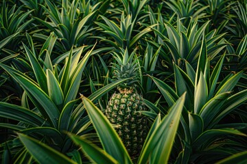 Obraz premium A Single Pineapple Hidden Amongst Lush Green Foliage