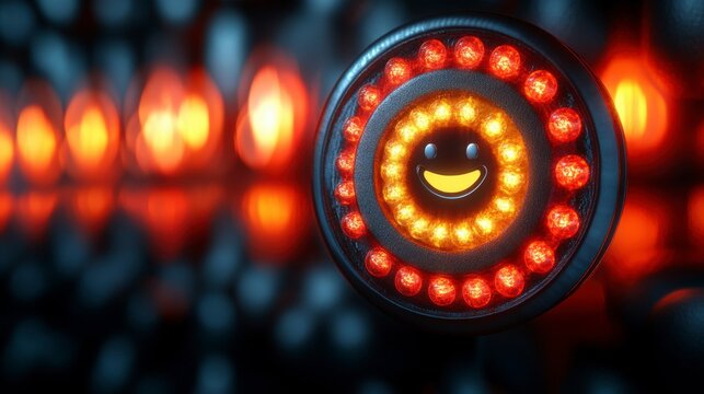 A smiling emoji lit up on a satisfaction rating meter symbolizing happy customers, increased ratings, and excellent service in a sleek 3D feedback concept design