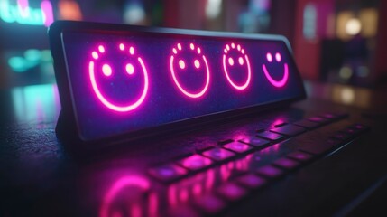 Feedback concept with a glowing happy emoji on a satisfaction scale, representing customer satisfaction, improved ratings, and exceptional service in 3D