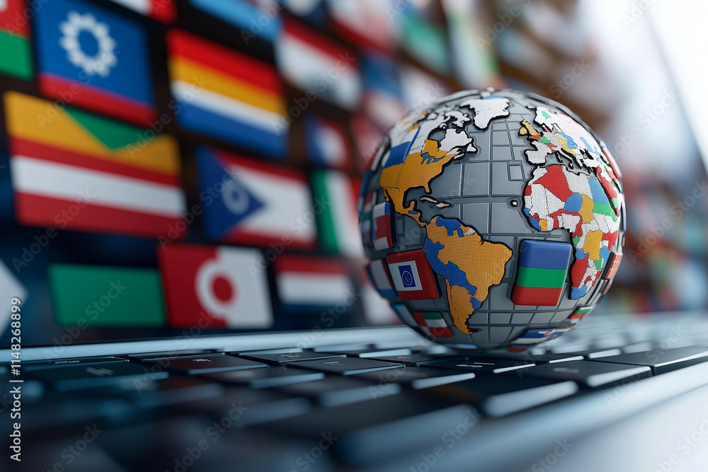 Poster colorful globe made of various country flags rests on keyboard, symbolizing global connectivity and 