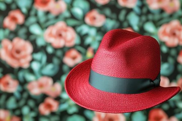 Hat protection formal concept. A red fedora hat against a floral background, showcasing vibrant colors and stylish design.