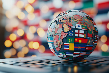 colorful globe featuring various country flags, symbolizing global unity and diversity, set against blurred background of flags