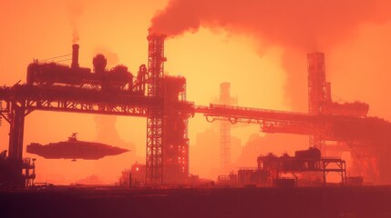 Obraz premium Futuristic dystopian cityscape with industrial complex, spaceship, and red sky.