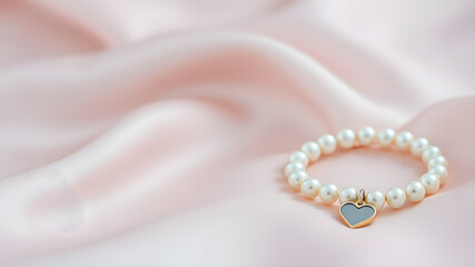 Fototapeta premium Delicate Pearl Bracelet: A timeless and elegant pearl bracelet with a heart charm, resting on a soft pink satin background. This image evokes feelings of femininity, love, and sophistication. 