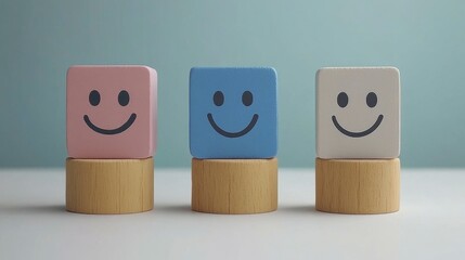 Customer interaction with a colorful satisfaction meter selecting a smiling emoji to rate excellent service and happiness in a creative 3D-rendered design