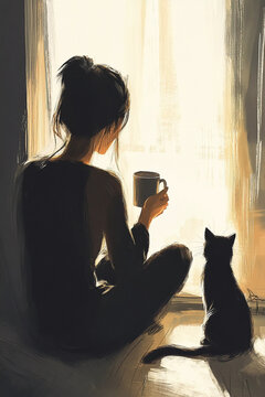 Cozy photo of a girl with a cat