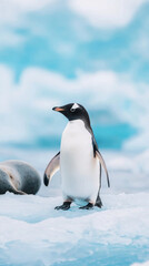 Fototapeta premium solitary penguin stands on icy terrain, surrounded by serene blue backdrop