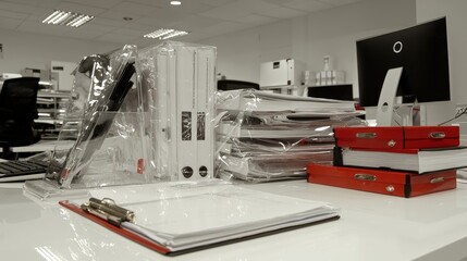 Office supplies, binders, files, and documents on a desk.
