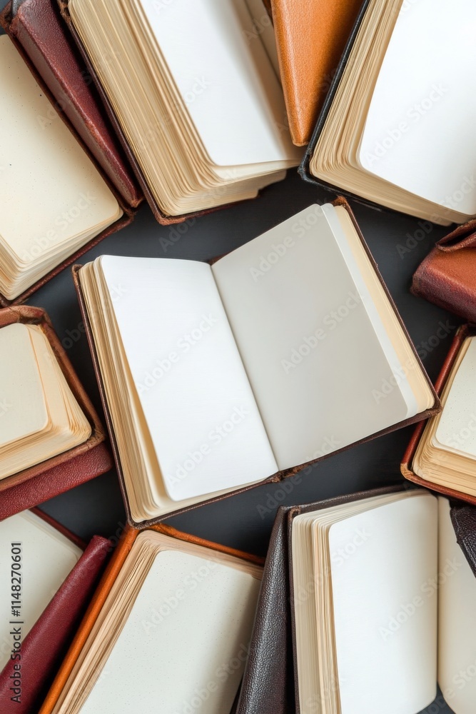 Poster a collection of books with one open to a blank page. the books are of various sizes and colors