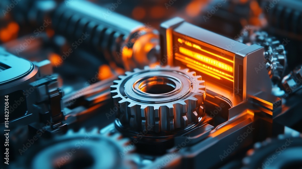 Poster dynamic gear mechanisms industrial setting abstract technology image close-up perspective mechanical