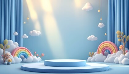 Background podium baby cute product 3d cloud kid children display banner room toy design blue....