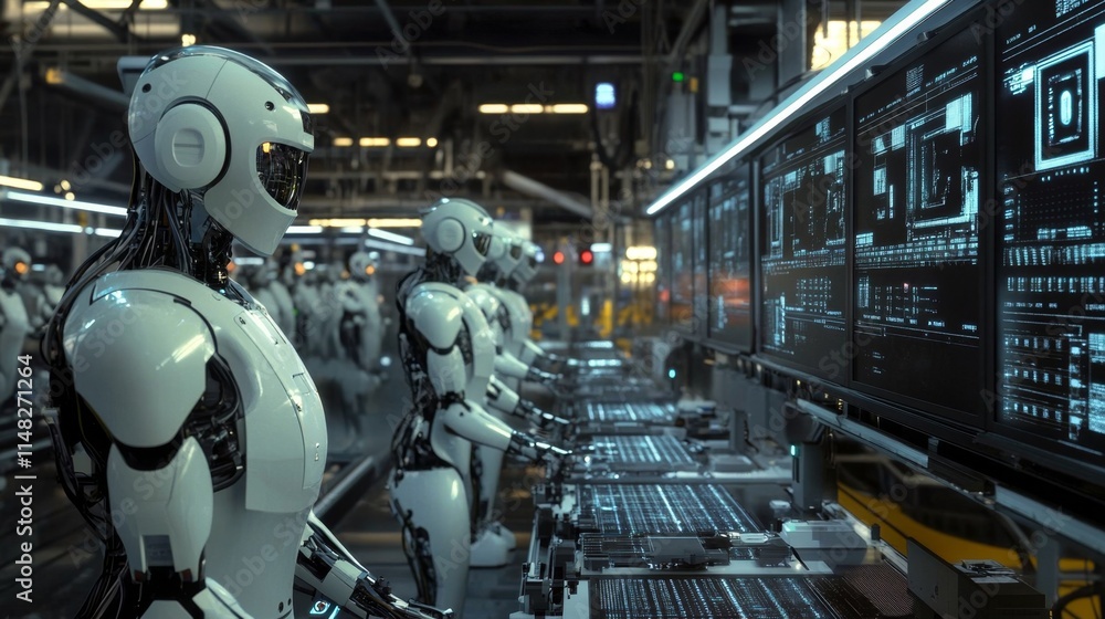 Poster robotic assembly line process high-tech factory industrial scene futuristic environment close-up per