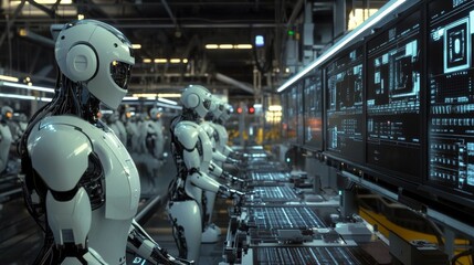 Robotic assembly line process high-tech factory industrial scene futuristic environment close-up perspective automation concept