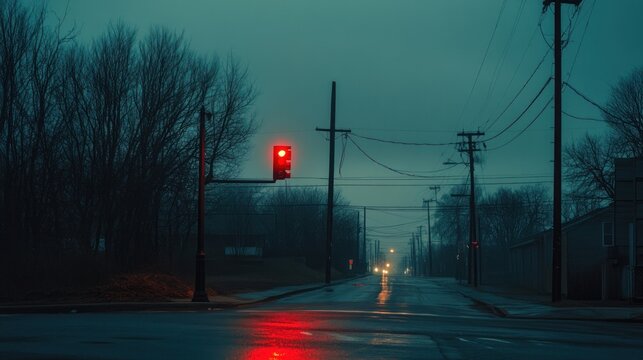A city with a single, red stoplight blinking at an intersection, showcasing a moment of pause and reflection. --ar 16:9 --v 6.1 Job ID: 1f2af583-df90-437a-9990-a338bb36561a