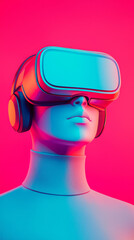 futuristic mannequin wearing vibrant VR headset and headphones
