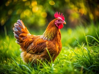 Fototapeta premium Organic Chicken Farming, Free Range Chickens, Happy Hens, Pasture-Raised Poultry, Sprinkled Feathers, Green Grass, Rural Scene, Farm Animals, Sustainable Agriculture, Chicken Photo