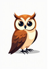 Fototapeta premium Cute Owl with Big Eyes on White Background, 2D Vector Wild Bird Illustration 