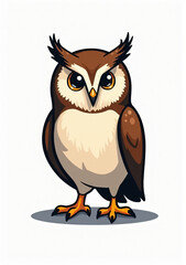 Fototapeta premium Cute Owl with Big Eyes on White Background, 2D Vector Wild Bird Illustration 