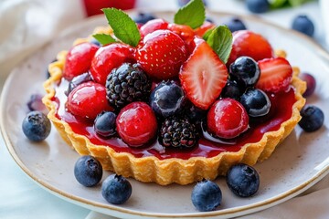 Delicious Berry Tart with Sweet Glaze and Mint