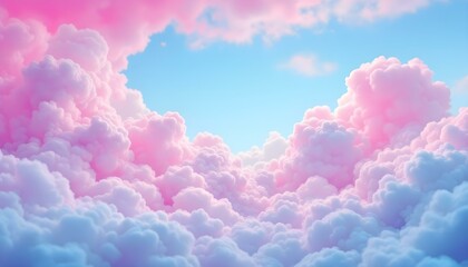 Abstract 3d candy fluffy texture with gradient cotton candy clouds in the sky. Fantasy pink cloud in sky pastel background. Fairy Paradise realistic soft cloudy sunset landscape.