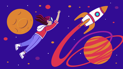 Fototapeta premium Virtual Reality Concept - Girl in Space with Planets, Rocket, and VR Glasses - Vector Art