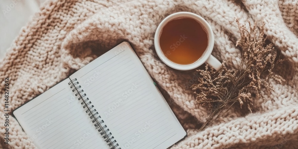 Poster a white mug with tea sits on a blanket next to a notebook. the notebook is open to a blank page