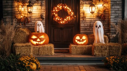 Obraz premium Halloween porch with carved pumpkins, ghosts, hay bales, and autumnal decorations.