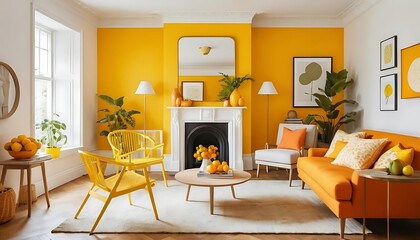 Fototapeta premium Bright Yellow Living Room Decor With Orange Accents