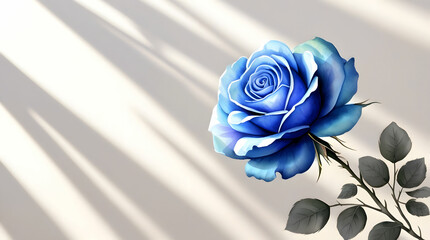 A solitary blue rose accompanied by its stem and green leaves.