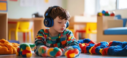 An autistic child engaged in a calming activity, wearing noise-canceling headphones, surrounded by sensory-friendly tools like weighted blankets and textured toys, in a bright, inclusive classroom emp