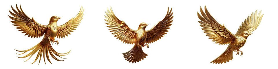 Obraz premium Glossy Metallic Golden Bird With Detailed Wings In 3D High Quality. Gold bird with shiny metallic finish with detailed wings in flight ideal for emblematic designs in high resolution