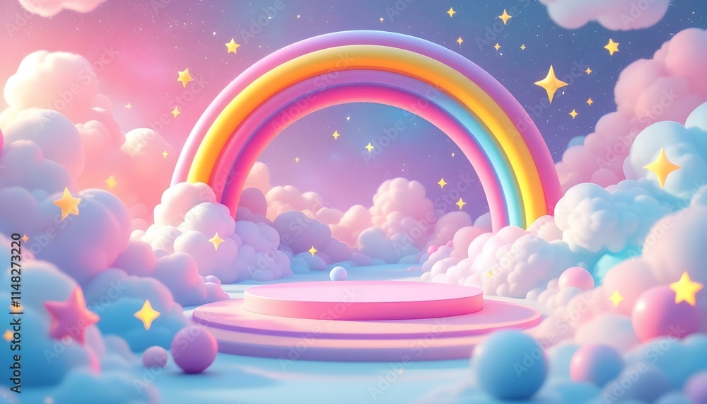 Poster an empty podium on a multicolored rainbow background, an empty showcase for displaying goods. a rain