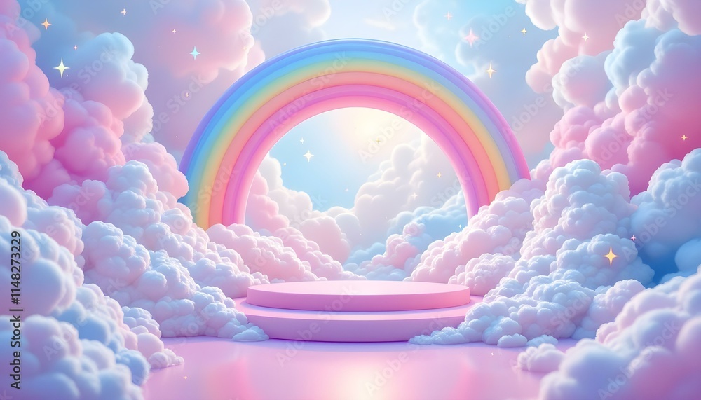 Poster an empty podium on a multicolored rainbow background, an empty showcase for displaying goods. a rain