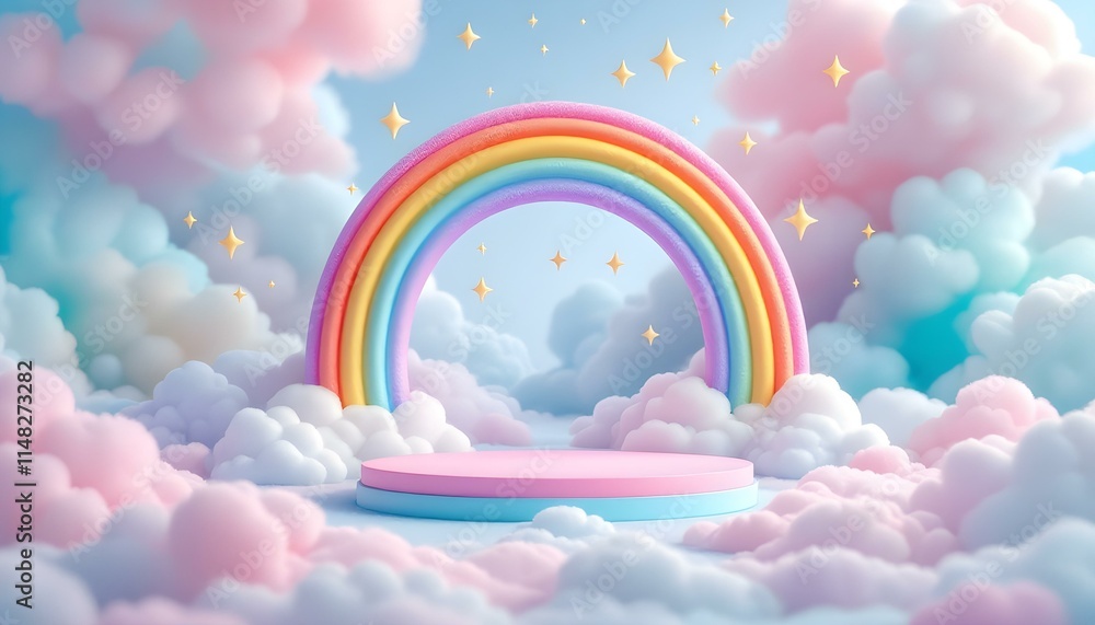 Poster an empty podium on a multicolored rainbow background, an empty showcase for displaying goods. a rain
