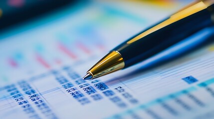 Gold pen rests on financial data charts and graphs