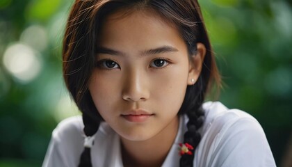 Naklejka premium A young girl with braided hair sits with a serious expression, surrounded by greenery in a park in Thailand during the afternoon. Natural light highlights her features. Generative AI
