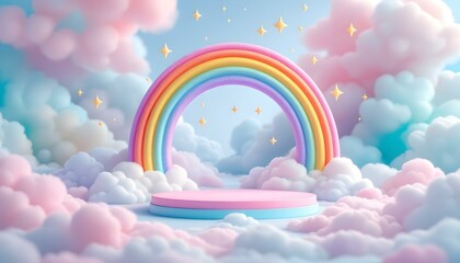 An empty podium on a multicolored rainbow background, an empty showcase for displaying goods. A rainbow of pastel colors, a festive round podium. 3D rendering