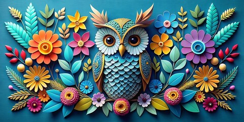 Owl Paper Cut Art, Floral Design, Blue Background, Modern Illustration, Soothing Artwork
