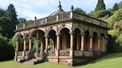 Obraz premium Ornate stone gazebo in a lush green garden.