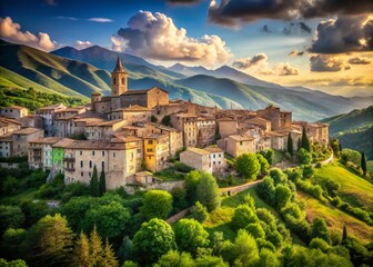 Fototapeta premium Pacentro Abruzzo Italy: Picturesque Hilltop Village, Stunning Views, L'Aquila Province, Italian Alps, Medieval Architecture, Travel Photography