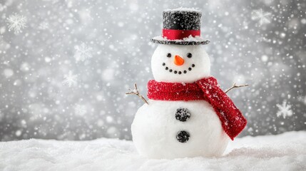Fototapeta premium A charming snowman with a red scarf and top hat, standing against a soft gray background with delicate snowflakes falling gently, evoking a cozy and classic winter scene