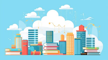 Obraz premium Cityscape Featuring Stacks of Books Under a Cloudy Sky