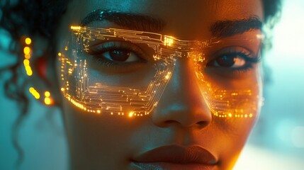 A futuristic woman with holographic facial projections, featuring glowing circuit patterns and transparent digital elements subtly merging with her skin, creating a striking blend of humanity and tech