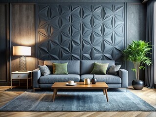 Panoramic 3D Rendering: Modern Grey Living Room with Black Embossed Wall, Concrete Floor & Carpet