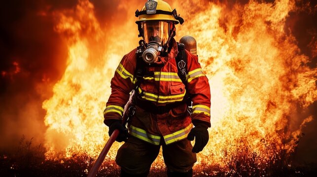 Feuerwehrmann kniet vor einem Feuer