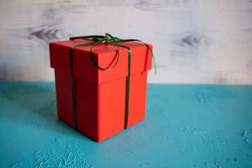 red gift box on blue background