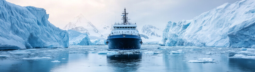 Naklejka premium ship navigating through icy waters surrounded by glaciers and mountains